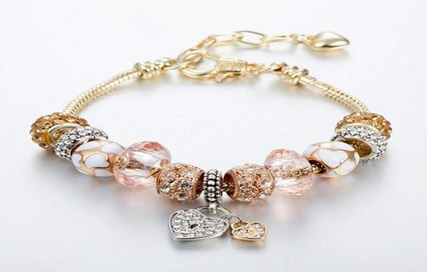 

wholesale charm bracelet 925 sillver bracelet crystal beads bracelets love pendant bangle can be adjust gold chain diy fashion jewelry729885, Golden;silver