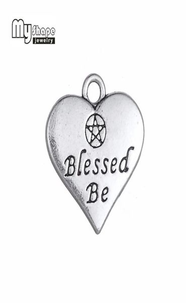 

my shape 20pcs heart charm double side letter blessed be wicca pentacle pentagram pendant for jewelry making antique silver tone8989539, Bronze;silver
