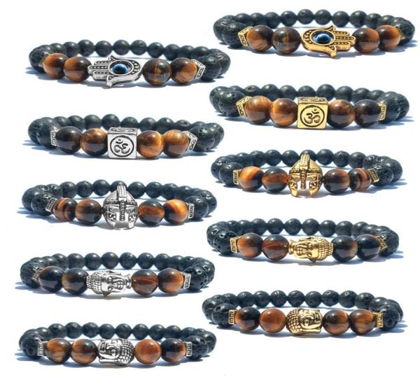 

crystal strands stone beaded bracelet women7 chakra natural tiger eye beads volcanic lava elastic bangle buddha jewelry charm aro2404451, Black