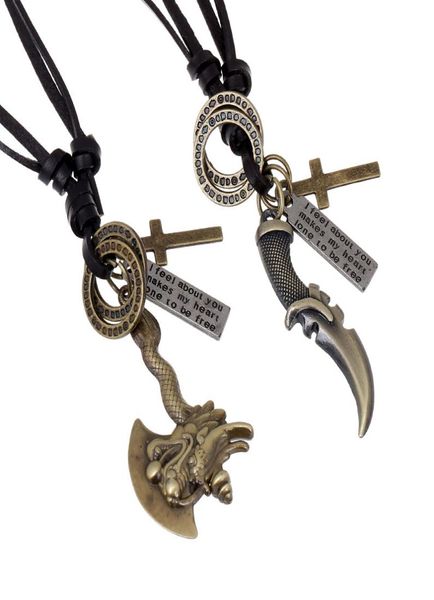 

whole fashion jewelry knife and ax alloy necklace men039s personality leather rope clavicle necklace casual vintage punk ne6693381, Silver