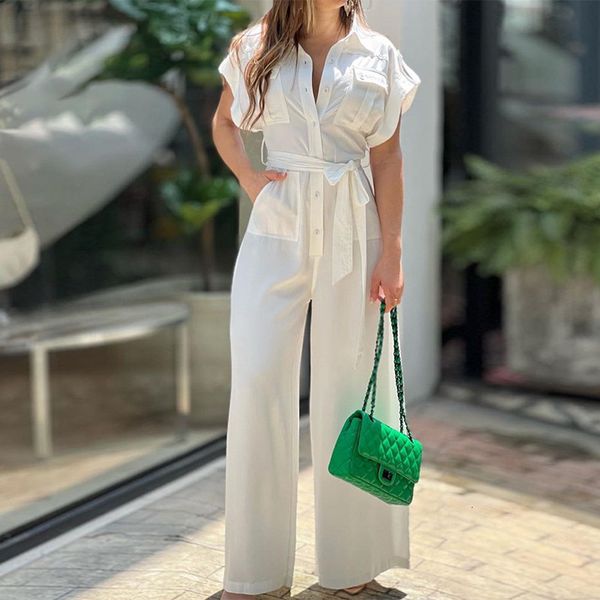 

women's jumpsuits rompers elegant women's white jumpsuit spring/summer women's fashion polo pocket solid wide leg high waist, Black;white