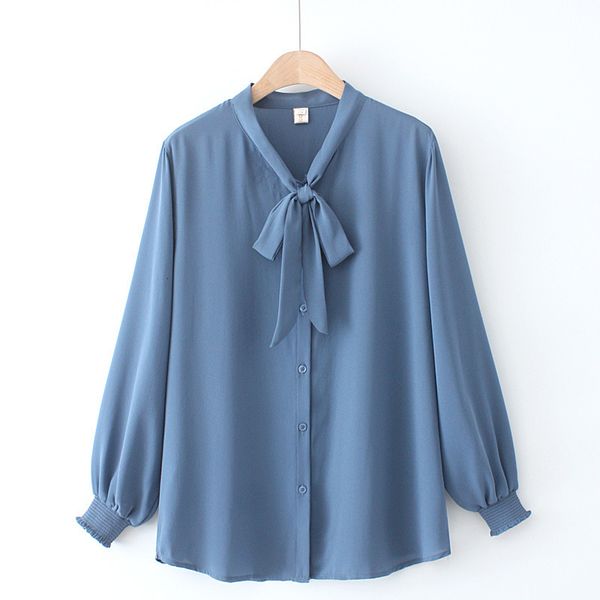 

women's plus size t-shirt autumn plus size women shirt fashion solid color bow tie loose chiffon long sleeve blouses 230715, Black