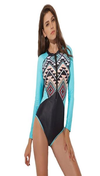 

onepiece suits long sleeve swimwear women geometric patchwork bodysuit one piece surfing swimsuits front zipper rash guard304g9863914
