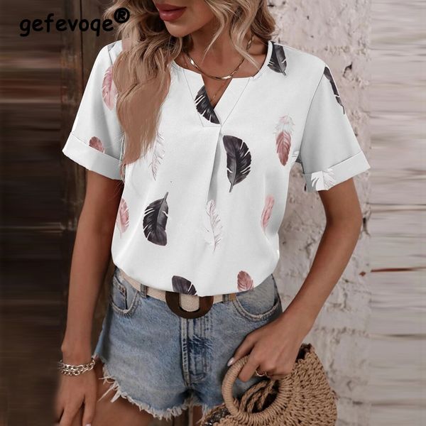 

women's t-shirt women's clothing summer fashion feather print elegant t-shirts trendy y2k casual v-neck short sleeve loose streetw, White