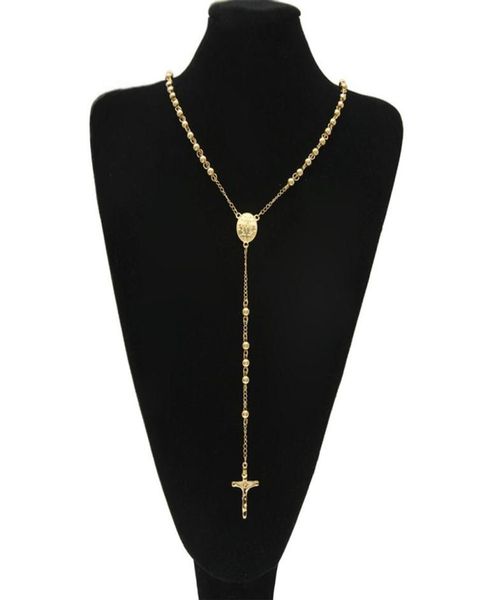 

gold stainless steel bead chain jesus christ cross pendant rosary long necklace mens womens hip hop jewelry250i2474607, Silver