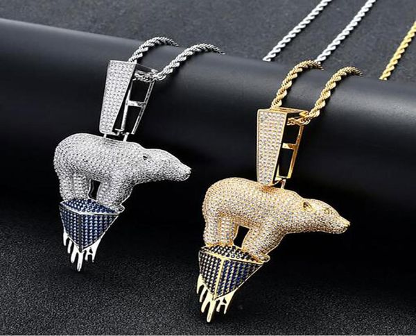 

14k gold iced out polar bear environmental theme cz bling pendant mens hip hop micro pave cubic zirconia simulated diamonds8286453, Silver