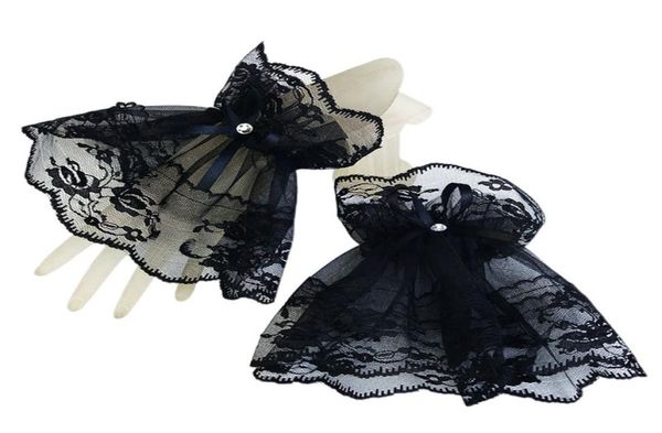 

women black lace wrist cuffs bracelets wedding rhinestone bow fingerless gloves6334331, White