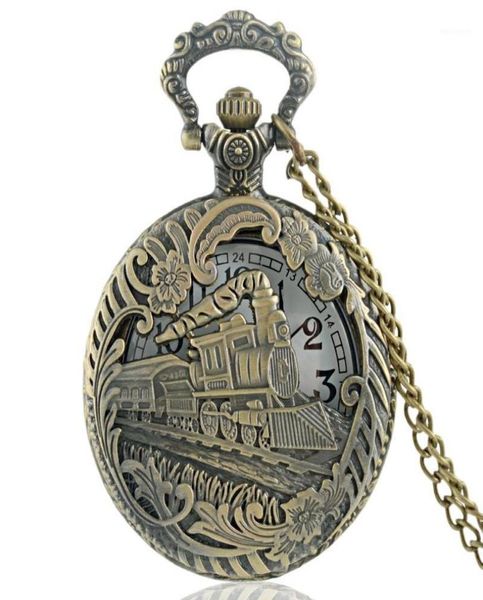 

classic vintage bronze train carved hollow steampunk quartz pocket watch retro men women necklace pendant jewelry gifts13616280, Slivery;golden