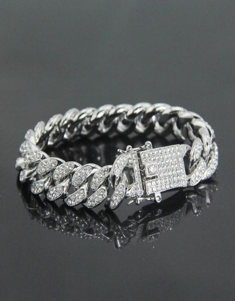 

simulated diamond iced out miami cuban link chain mens gold silver bracelets hip hop jewelry9731668, Black