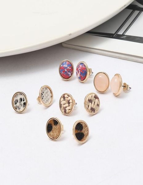 

mini natural stone stud earrings round leopard print woven studs for women jewelry gift 057425, Golden;silver