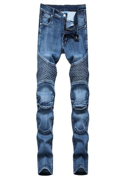 

new checked splied motorcycle jeans men slim fit straight 2020 jeans pants pleated high street large size 42 men trousers1863877, Blue