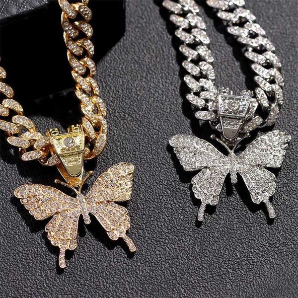 

pendant necklaces trendy new butterfly crystal cuban necklace for women iced out link chain chunky choker hip hop jewelry 230613, Silver