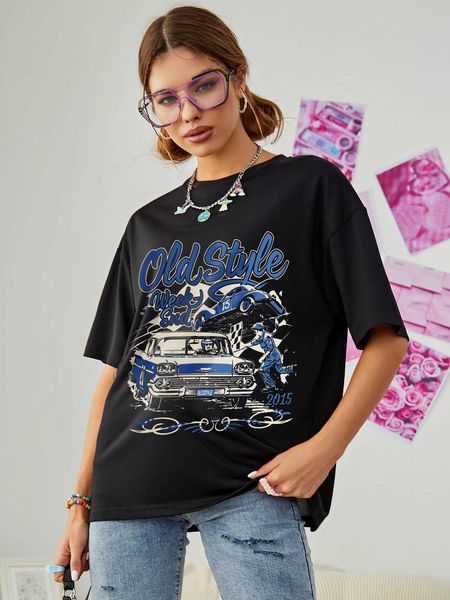 

women's fashion t-shirt car letter graphic shoulder, White