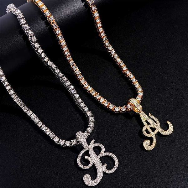 

pendant necklaces fashion iced out a z cursive initial letter necklace for women bling paved rhinestone tennis chain new jewelry 230613, Silver