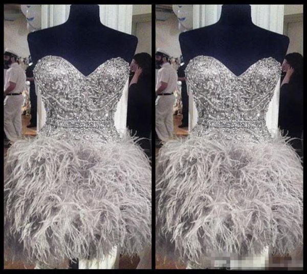 

short prom dresses with feathers sweetheart neck corset lace up back graduation homecoming dress beading crystal cocktail gi1669098, Black