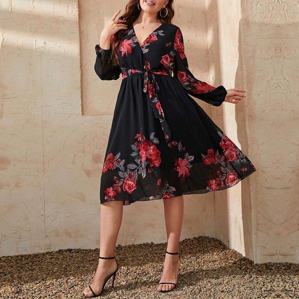 

womens plus size dress fashionable printed chubby girl skirt, Black;gray