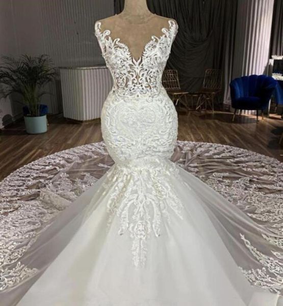 

2021 mermaid wedding dress chapel train 3d appliques jewel lace bridal gowns customized vestidos de novia4433308, White