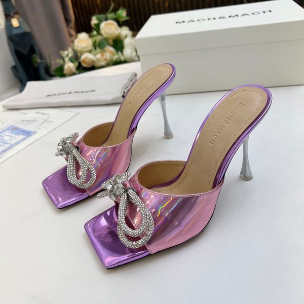 

slippers with double rhinestones and bows stiletto flip-flops sole slippers fashion upper with crystal factory model and box, Black