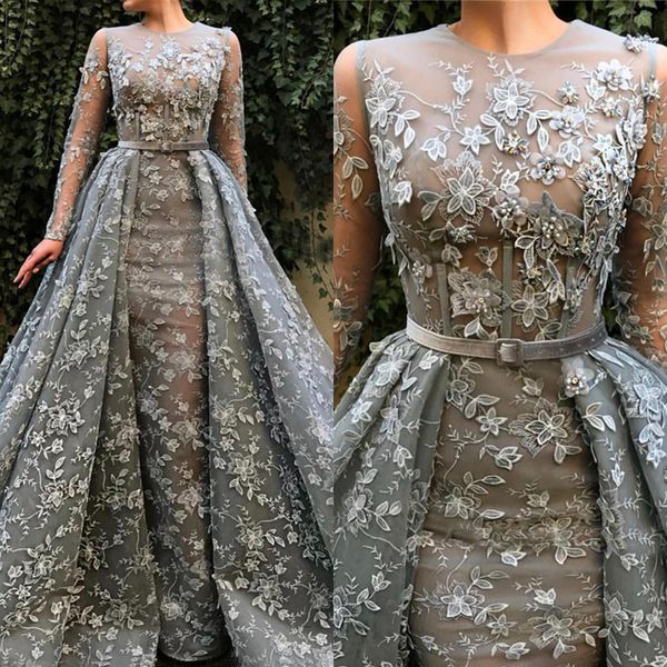 

glamorous mermaid red prom dresses jewel long sleeves 3d flower applicants on tulle belt zipper detachable gown custom made plus size party, Black