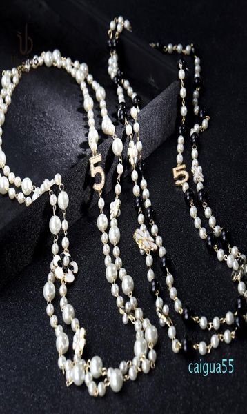 

fashion luxury designer classic flower elegant bright pearl multi layer long winter sweater statement necklace for woman8038283, Black