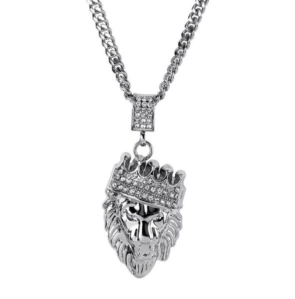 

fashion men rock hip hop lion head pendant necklace iced out american star male full rhinestone jewelry long chain for mens2529839, Silver