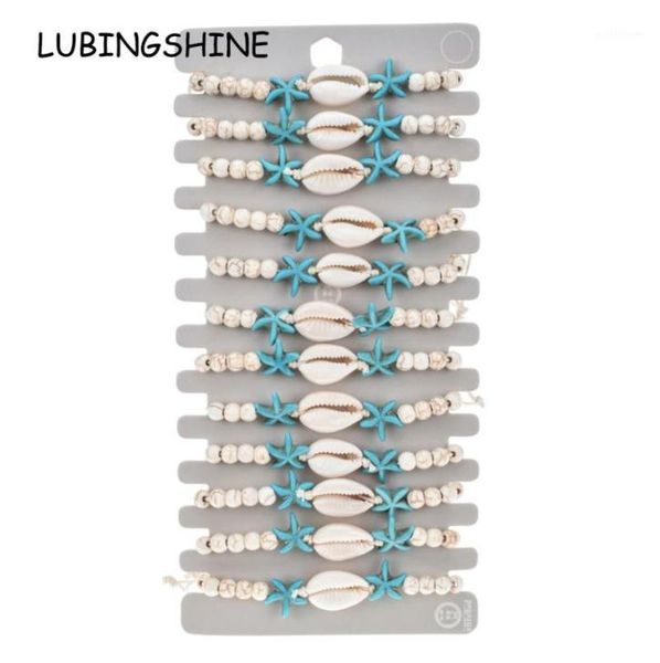 

12pcsset natural stone shell starfish charms bracelet bracelets women braided adjustable chain anklets wristband jewelry13565034, Golden;silver