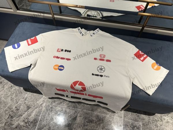 

xinxinbuy men designer tee t shirt 23ss paris mud destroyed collar letter embroidery short sleeve cotton women black blue white xs-l, Black;brown