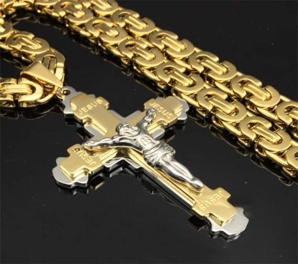 

heavy crucifix jesus cross necklace stainless steel christs pendant gold byzantine chain men necklaces jewelry gifts 24quot 20124298919, Black