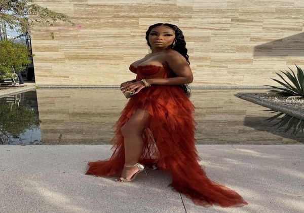 

prom dresses strapless sleeveless lace tulle ruffles high split plus size homecoming party cocktail gowns long evening1614927, Black