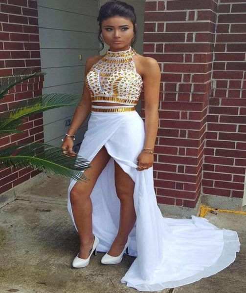 

2019 women two pieces prom dresses high neck gold beads white chiffon slit hi lo party dress evening wear teens homecoming gowns c9321465, Black