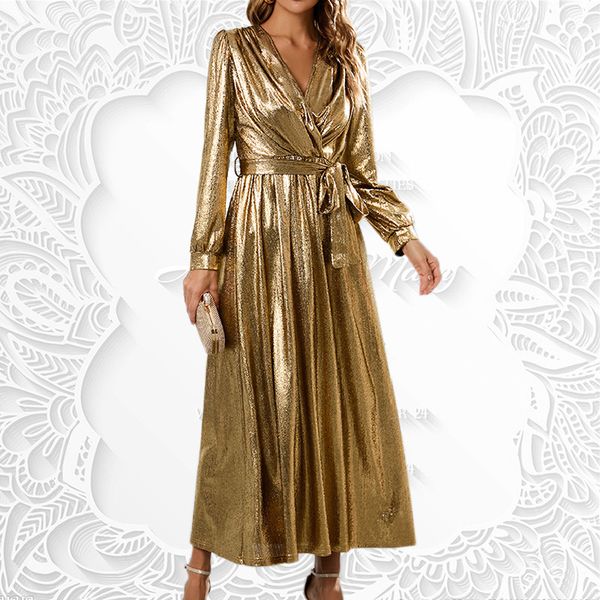 

basic casual dresses spring autumn lady women belt gilding dresses womens vneck long sleeve slim dress clothes 230715, Black;gray