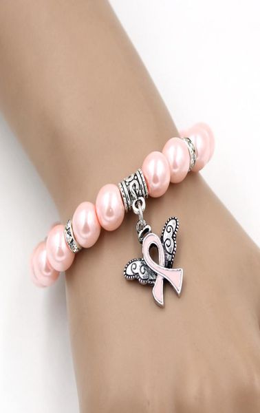 

whole new arrival pearl bead breast cancer awareness bracelet angel wings pink ribbon charms bracelet jewelry for cancer cente6583787, Golden;silver