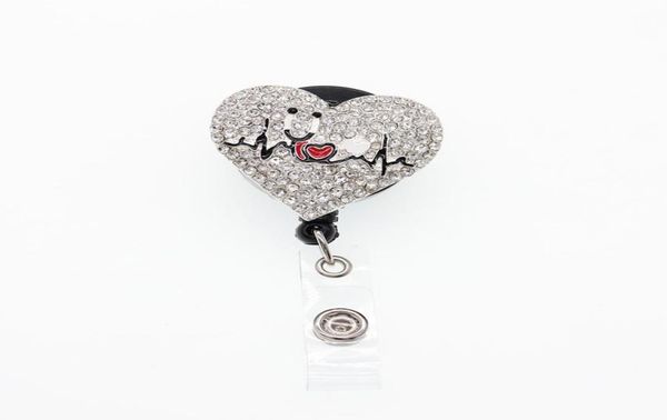 

10pcslot sparkly key rings rhinestone heart shape nurse medical doctor symbol stethoscope retractable badge reel holder with alli6992389, Slivery;golden