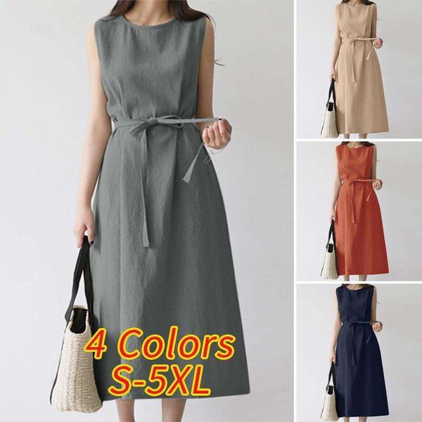 

womens fashion loose bohemian sleeveless round neck solid color cotton linen belt long dress, Black;gray