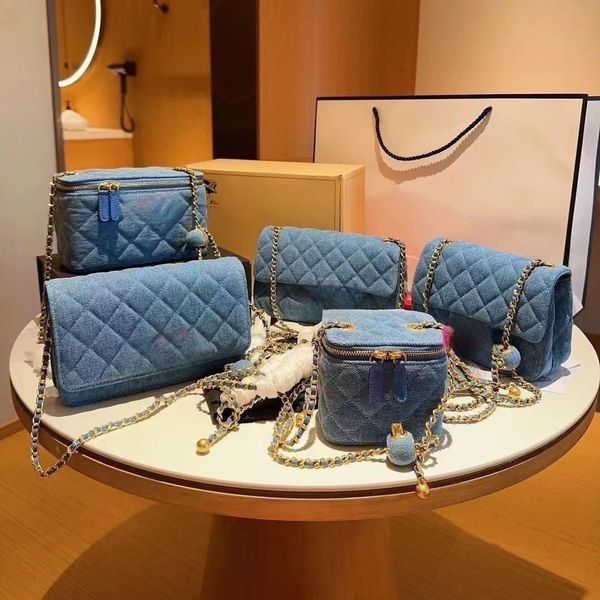 

blue denim metal ball women's bag classic rollover mini adjustable chain quilted luxury designer messenger bag fanny pack mini coin wal