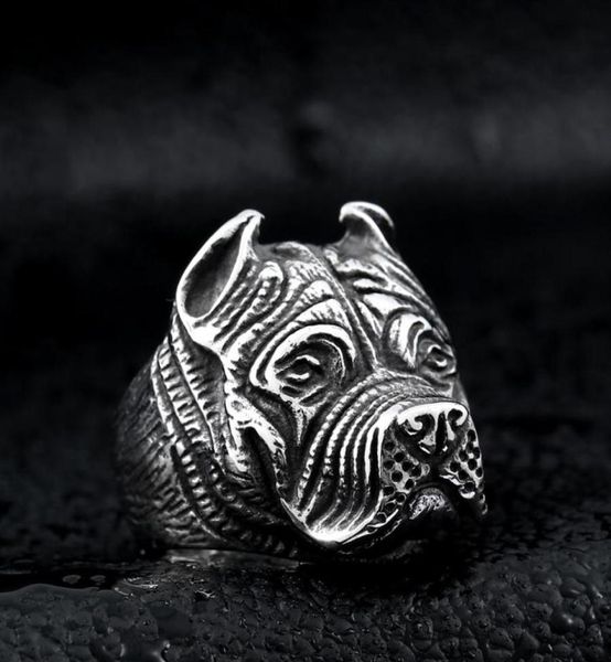

men039s vintage stainless steel ring viking pitbull bulldog gothic pug dog head totem amulet punk animal jewellery for men boys9929366, Silver