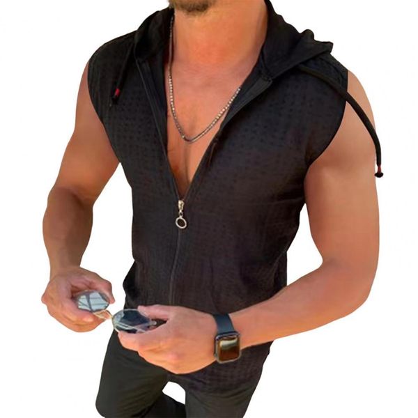 

men' tank plus size plaid stitching hat sweatshirt vest men solid color zipper drawstring bodybuilding hooded vest gym 230715, White;black