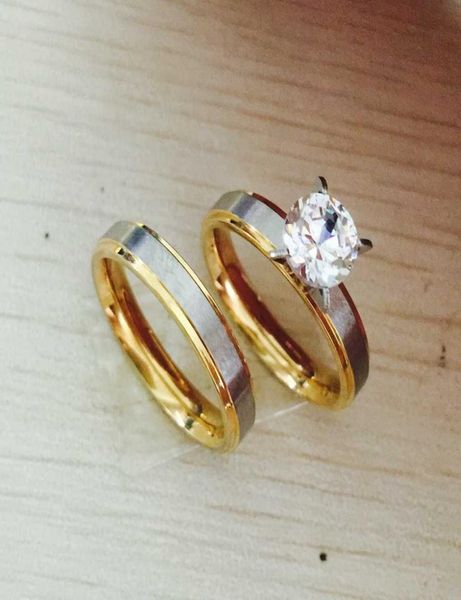 

4mm 18k silver gold plated big zircon cz diamond couple ring set wedding band stainless steel lovers ring for women2320643, Slivery;golden