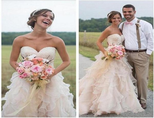 

2019 new blush pink backless ruffles wedding dresses country style lace sweetheart vintage tiered skirts aline bridal gowns 10433384229, White