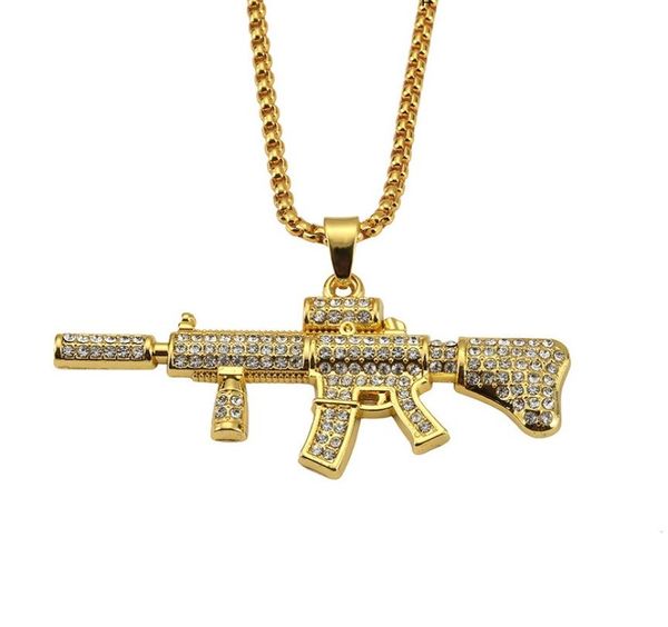 

cool men m4 gun pendant necklaces gold silver hip hop punk rock style full rhinestone crystal fashion necklace for 29 inch chain7730267
