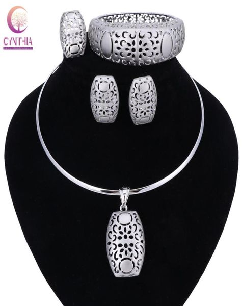 

nigerian wedding african beads jewelry sets silver color women necklaces party fashion flowers hollow jewellery accessories9754777, Black