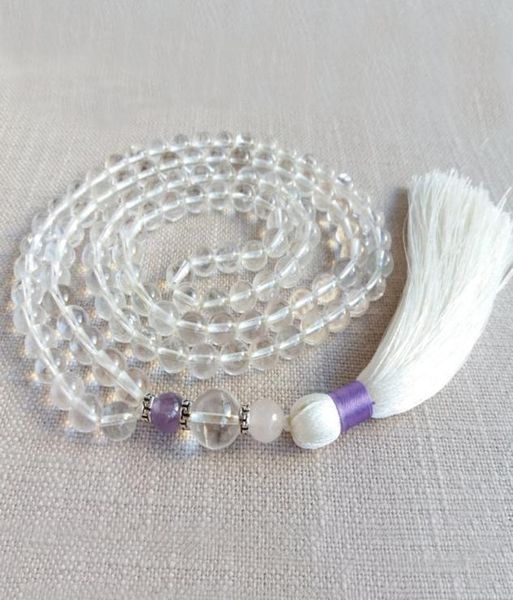 

8mm clear quartz 108 mala beads buddhist meditation necklace prayer beads japa mala tassel necklace healing jewelry gift1619678, Silver