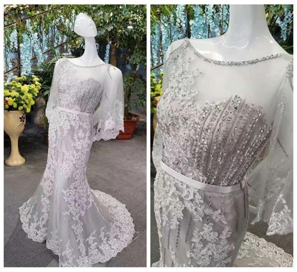 

2020 see through mermaid wedding dresses beaded and sequins lace appliques silver wedding dresses with 34 sleeve chic boho weddin7055853, White
