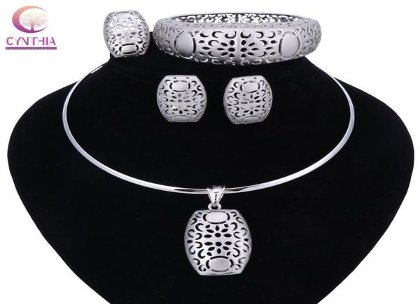 

nigerian wedding african beads jewelry sets silver color women necklaces party fashion flowers hollow jewellery accessories7762074, Black