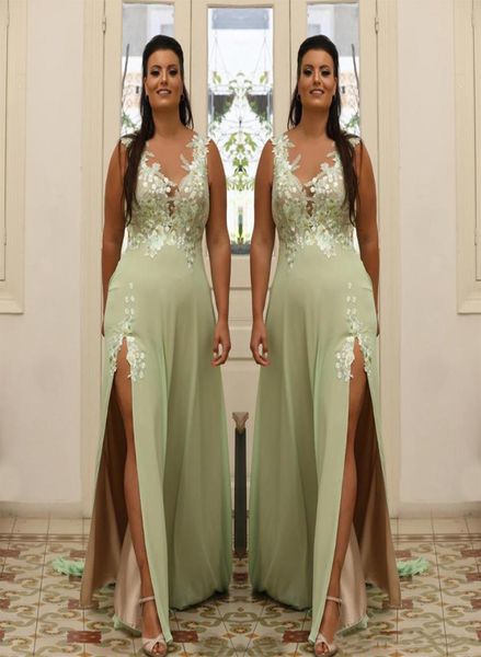 

light green plus size appliqued prom dresses sheer v neck evening gown a line split side chiffon floor length formal dress abiye 23082247, Black