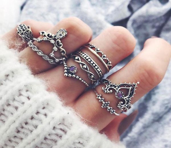 

knuckle midi ring set bohemian vintage crystal stone crown fatima hand ring women gifts wedding wed rings sets6049391, Silver
