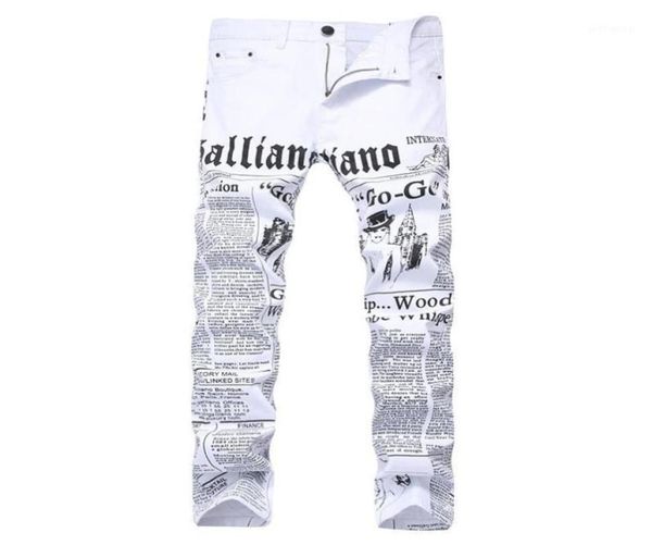 

men039s jeans mens autumn denim trousers letter spaper printing casual white pants male painted skinny plus size8736164, Blue
