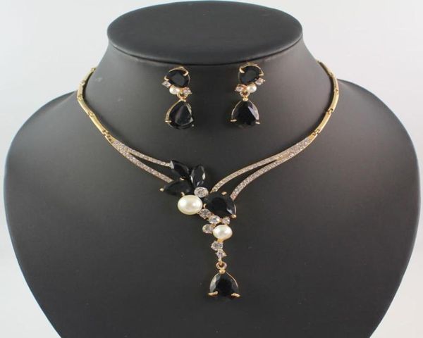 

jewelry sets white pearl and black garnet 18k gold plated necklace earrings women wedding party set3070460, Silver