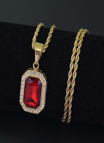 

hip hop colorful gemstone pendant necklaces for men luxury gem necklace stainless steel cuban chains jewelry red blue green black 9975876, Silver