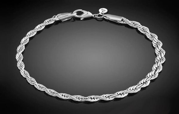 

luxury 3mm 4mm 925 sterling silver bracelets 8 inch women ed rope chain wristband wrap bangle for men s fashion jewelry6934778, Black